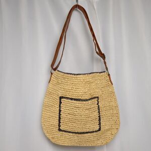 Mar Y Sol Natural Woven Raffia Handmade Blue Trim Leather Strap Crossbody Purse